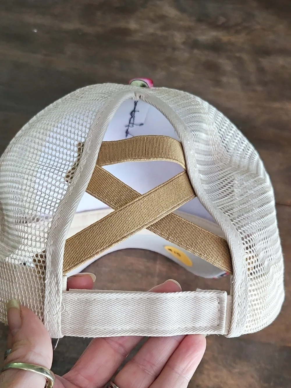 NWT Western Cross Print Pony Tail Baseball Trucker Hat With Tan Mesh